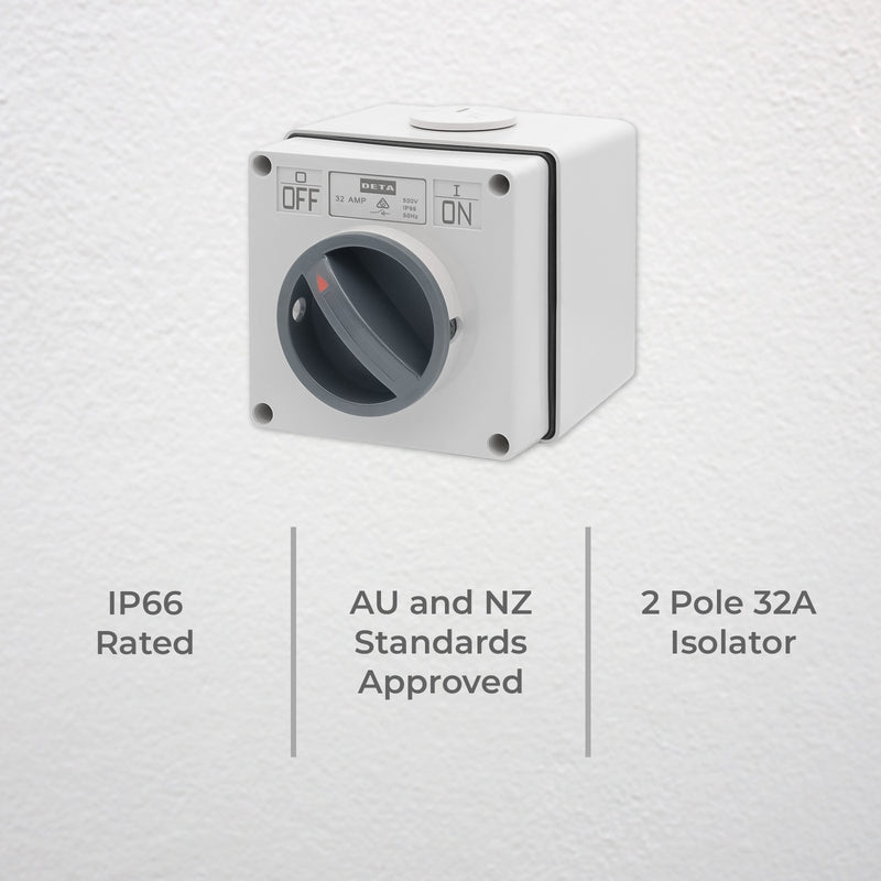DETA IP66-Weatherproof 2 Pole 32A Isolator