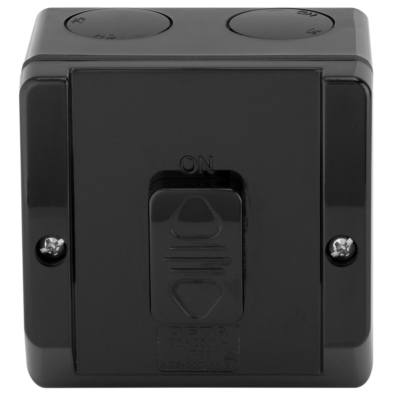 DETA 250V 20 Amp Black IP66 Weatherproof Outdoor Single Switch