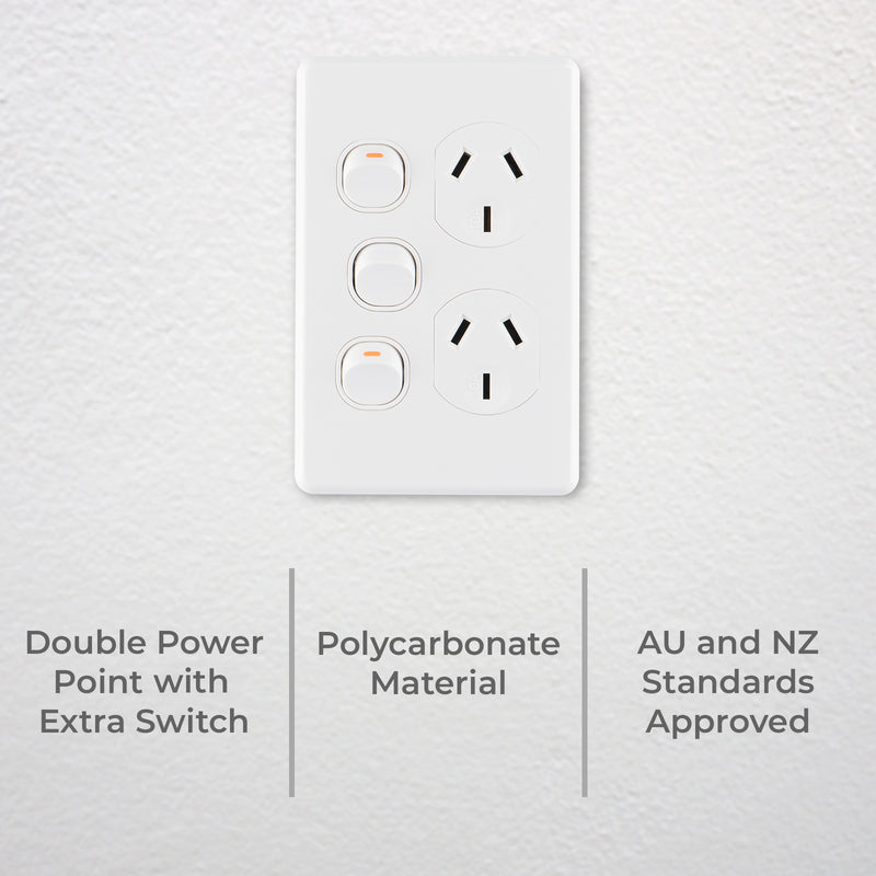 DETA X6 White Vertical Double Power Point With Extra Switch