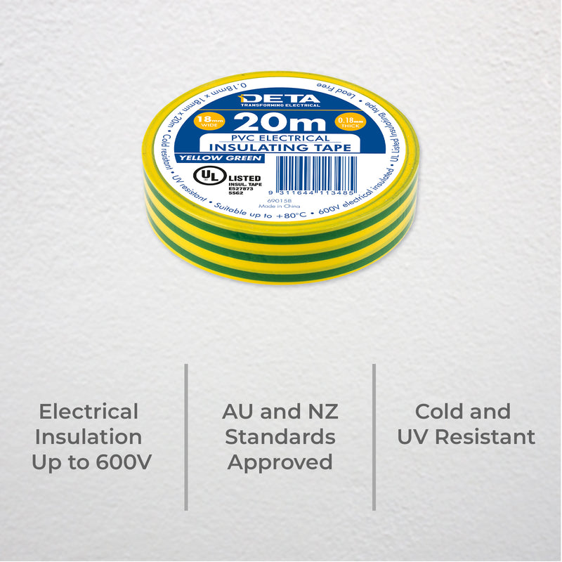 DETA 20m x 18mm Yellow / Green Insulation PVC Tape