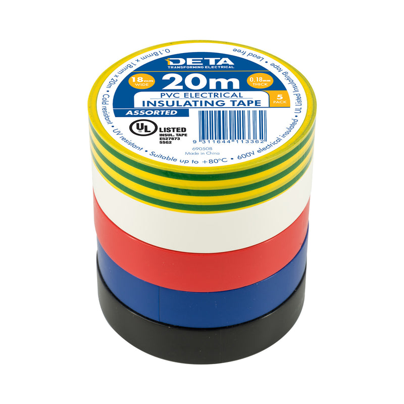 DETA 20m x 18mm Assorted Insulation PVC Tape - 5 Pack