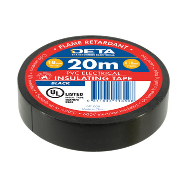 DETA 20m x 18mm Black Flame Retardant PVC Tape