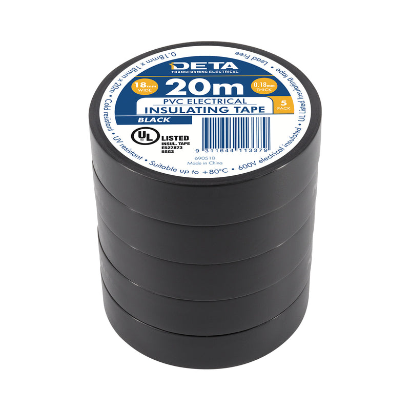 DETA 20m x 18mm Black Insulation PVC Tape - 5 Pack