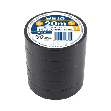 DETA 20m x 18mm Black Insulation PVC Tape - 5 Pack