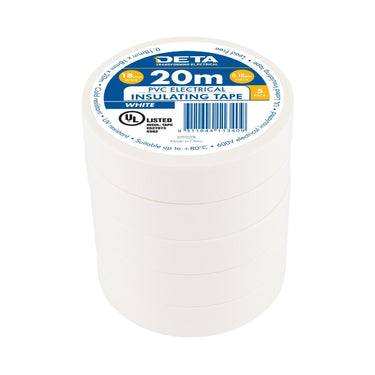 DETA 20m x 18mm White Insulation PVC Tape - 5 Pack