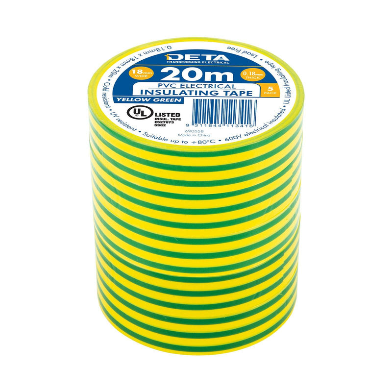 DETA 20m x 18mm Yellow / Green Insulation PVC Tape - 5 Pack