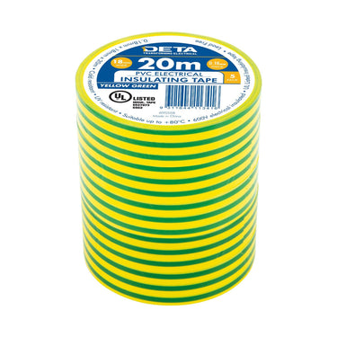 DETA 20m x 18mm Yellow / Green Insulation PVC Tape - 5 Pack
