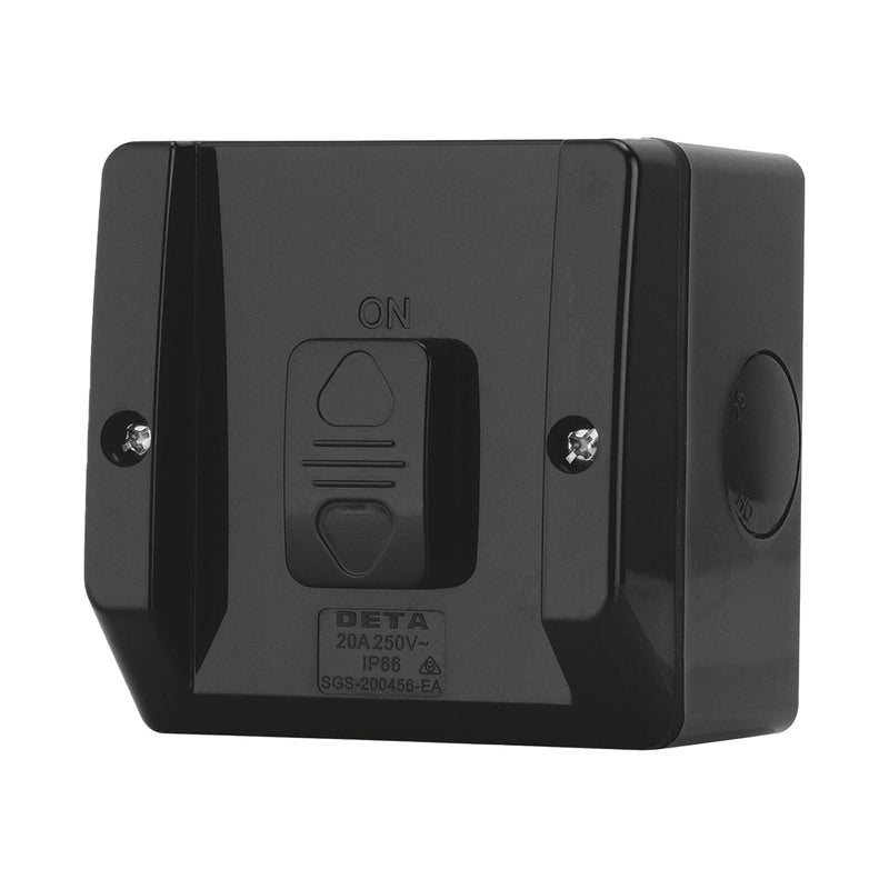 DETA 250V 20 Amp Black IP66 Weatherproof Outdoor Single Switch