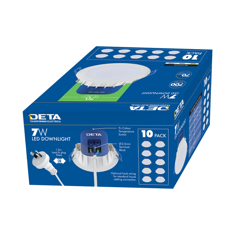 DETA 7W Tri-Colour Dimmable LED Downlight - 10 pack