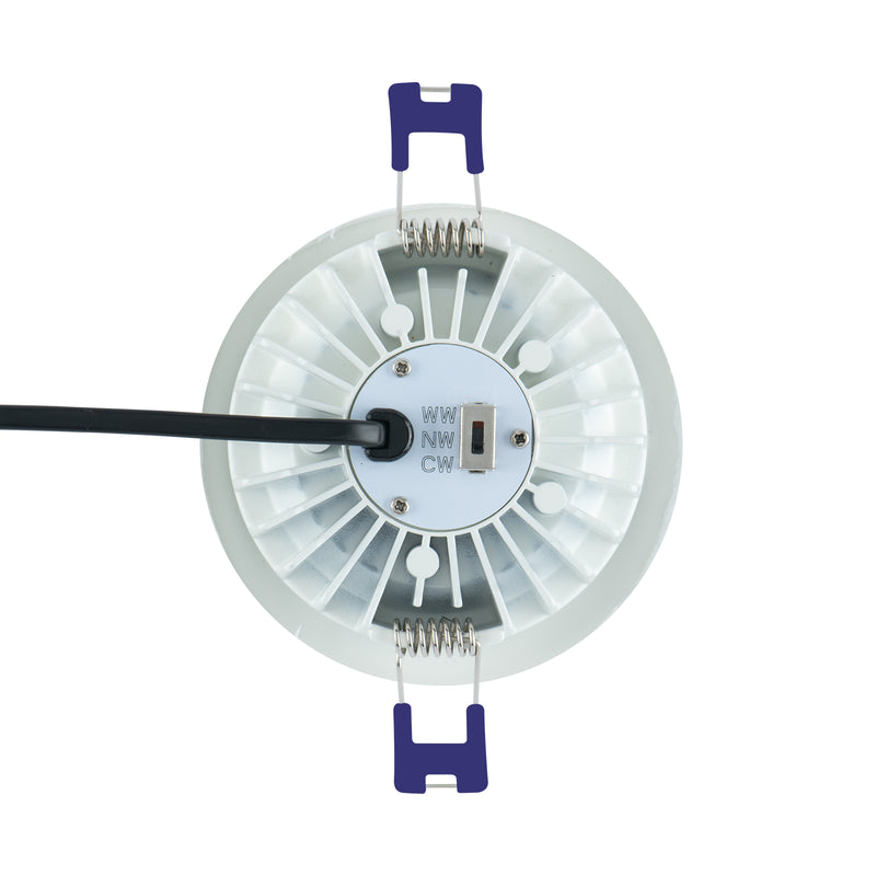 DETA 9W Tri-Colour Dimmable LED Downlight - White Metal Fascia & Low Recessed Lens Design