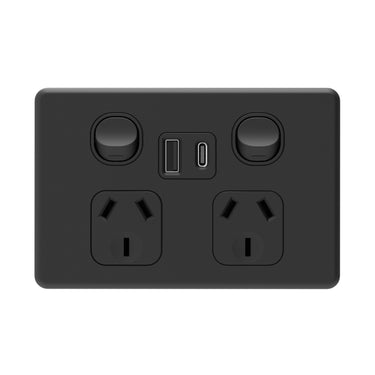 DETA Matte Black S-Line Double PowerPoint  with USB A and C Charger