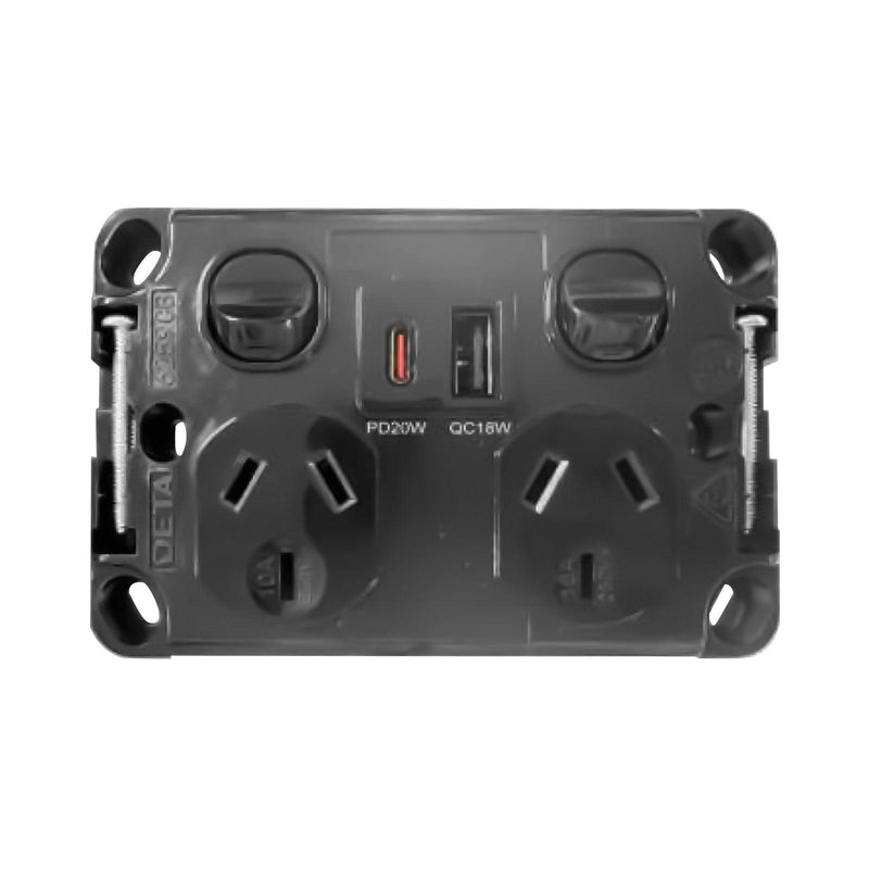 DETA X6 Matte Black Double PowerPoint  with USB A+C PD20W Fast Charging