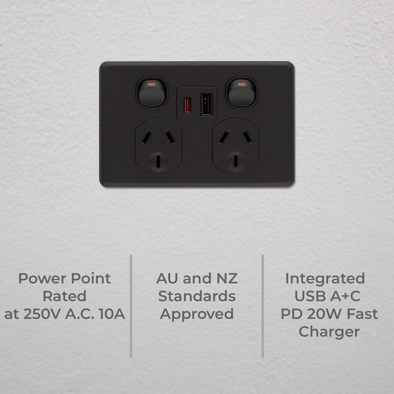 DETA X6 Matte Black Double PowerPoint  with USB A+C PD20W Fast Charging